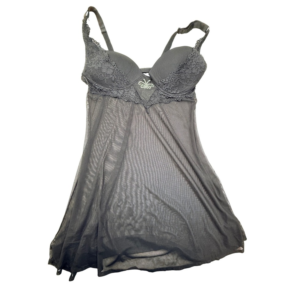 Black Lace Mesh Babydoll Divine Secret Chemise Rhinestone Butterfly medium